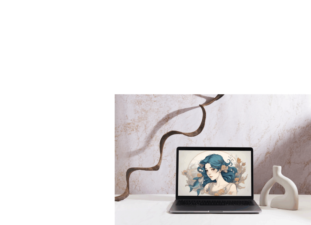 【月は唄い、星は夢見る】moonstar星奈　初のオンラインギャラリー展。星座を擬人化したイラストが室内に飾られている。第三部：星は廻る