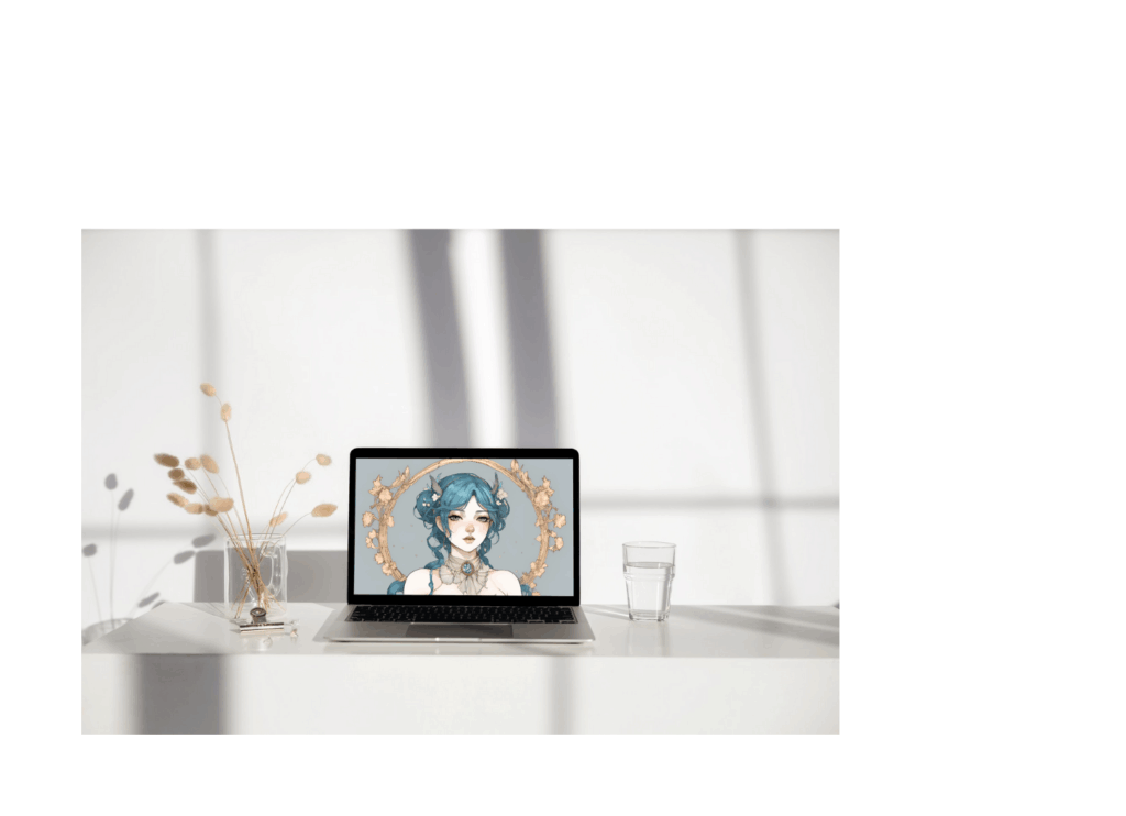 【月は唄い、星は夢見る】moonstar星奈　初のオンラインギャラリー展。星座を擬人化したイラストが室内に飾られている。第三部：星は廻る