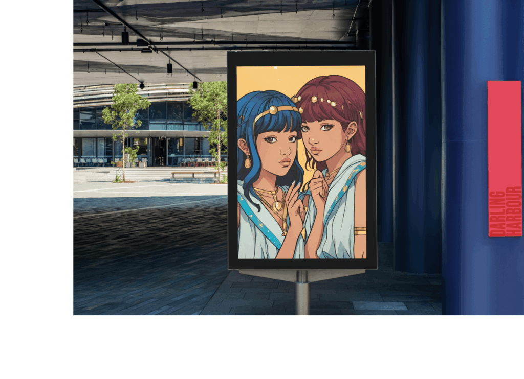 【月は唄い、星は夢見る】moonstar星奈 初のオンラインギャラリー展。星座を擬人化したイラストが街中に飾られている。こちらは双子座。