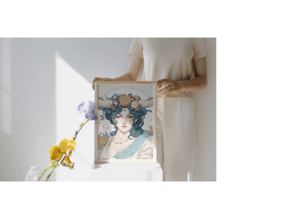 【月は唄い、星は夢見る】moonstar星奈　初のオンラインギャラリー展。星座を擬人化したイラストが室内に飾られている。第三部：星は廻る