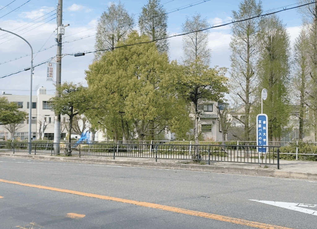 枚方市・牧野公園前の歩道から見た車道の景色。京阪バスのバス停と、その背後に広がる木立が見える風景。