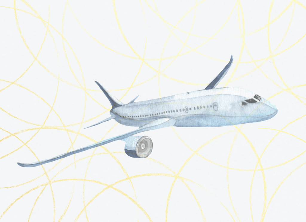 想いを乗せて空を行く飛行機のやさしい水彩画