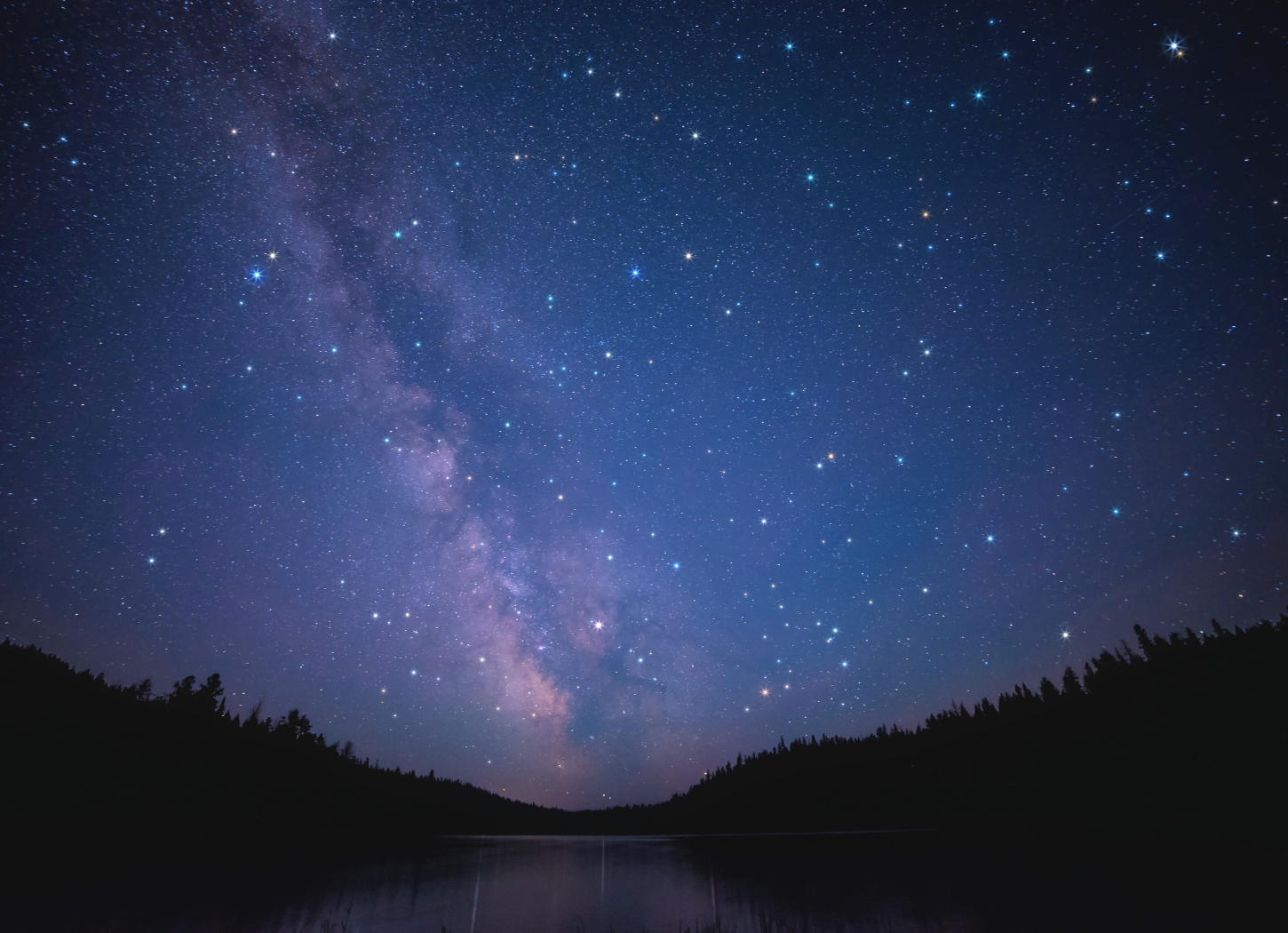 紺色の満天の星空に眩い星が輝き、ピンク色の帯が空を横切る。下には鬱蒼とした木々のシルエットが広がり、神秘的なおうし座の夜空をイメージした占いコラムにふさわしい風景。