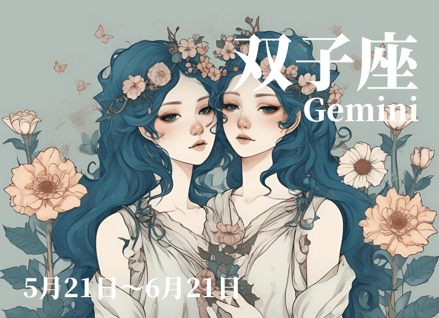 双子座の擬人化イラスト。頬を寄せ合った双子の女性がこちらを見つめ、頭には花冠をかぶり、周囲には花が咲き誇っている