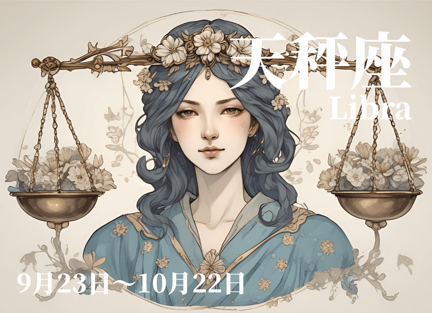 天秤座の擬人化イラスト。黒髪のウェーブヘアの女性が真っ直ぐこちらを見つめ、頭には花の飾りと多くの花が盛られた天秤が描かれている