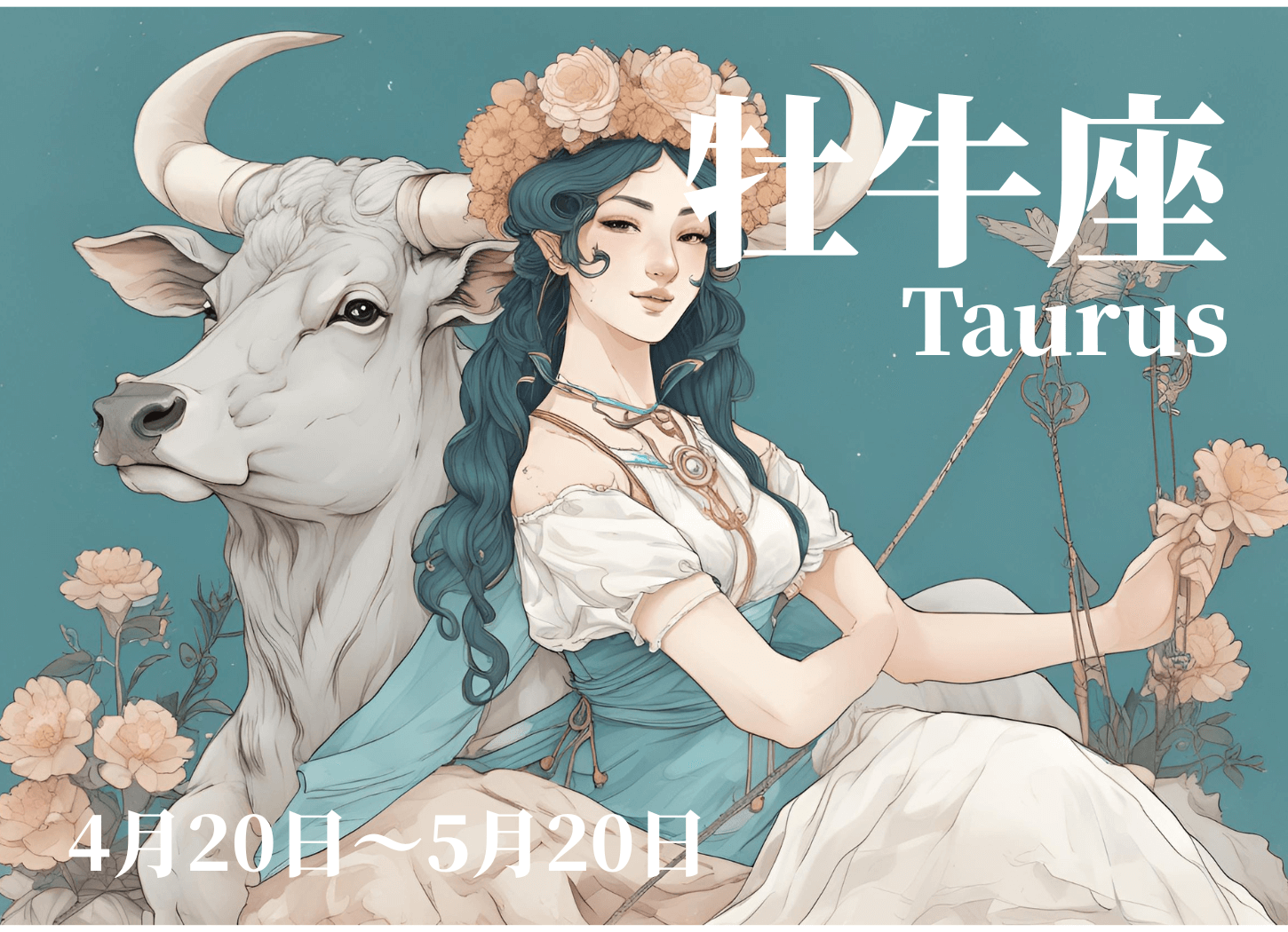 おうし座の擬人化イラスト。花の冠をかぶった女性が座ってこちらを見つめ、隣には大きな牛が寄り添い、周囲には花が咲き誇っている