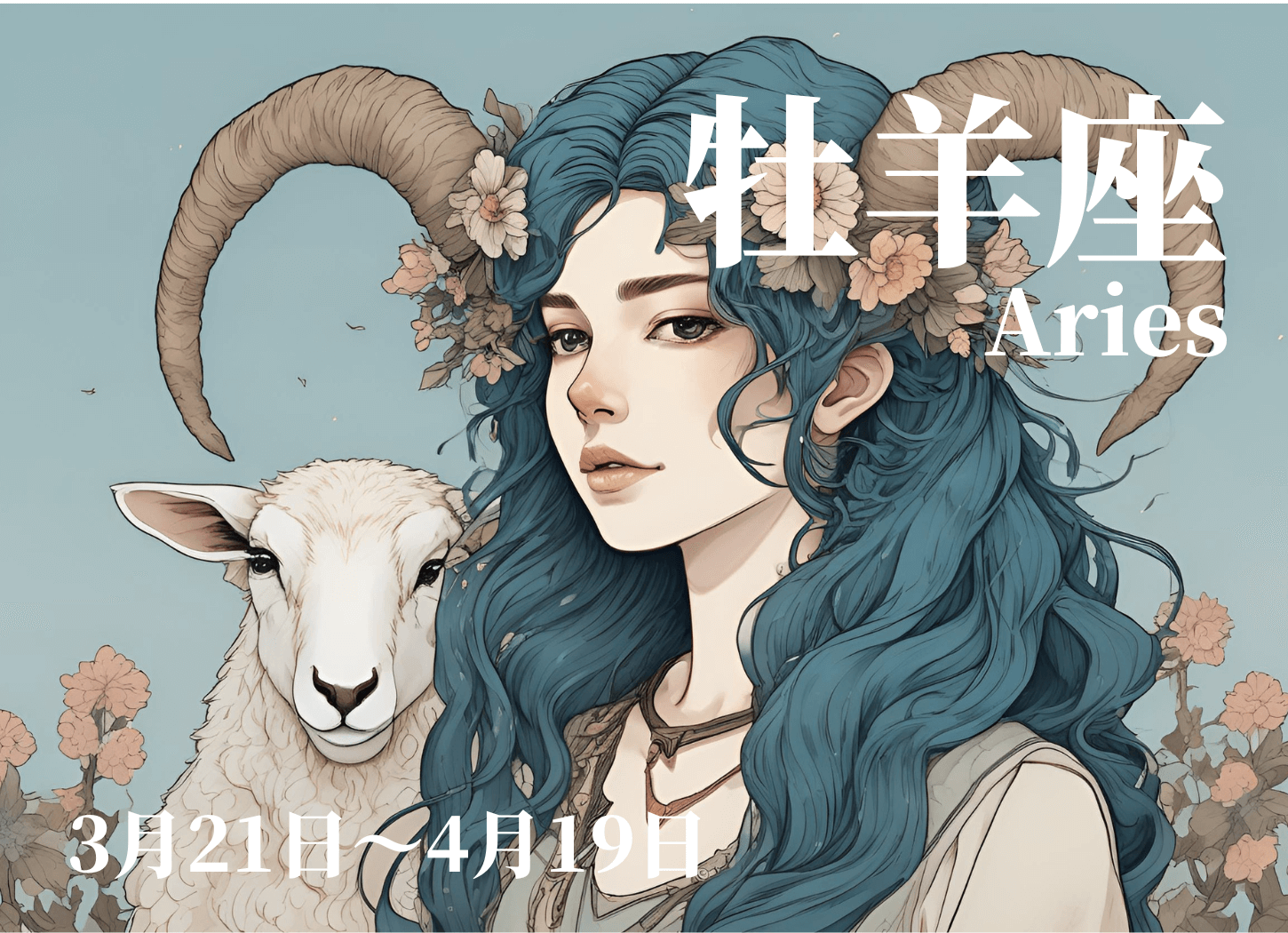 おひつじ座の擬人化イラスト。頭に羊のツノを持つ女性が立ち、後ろには羊が寄り添い、周囲には花が咲き誇っている