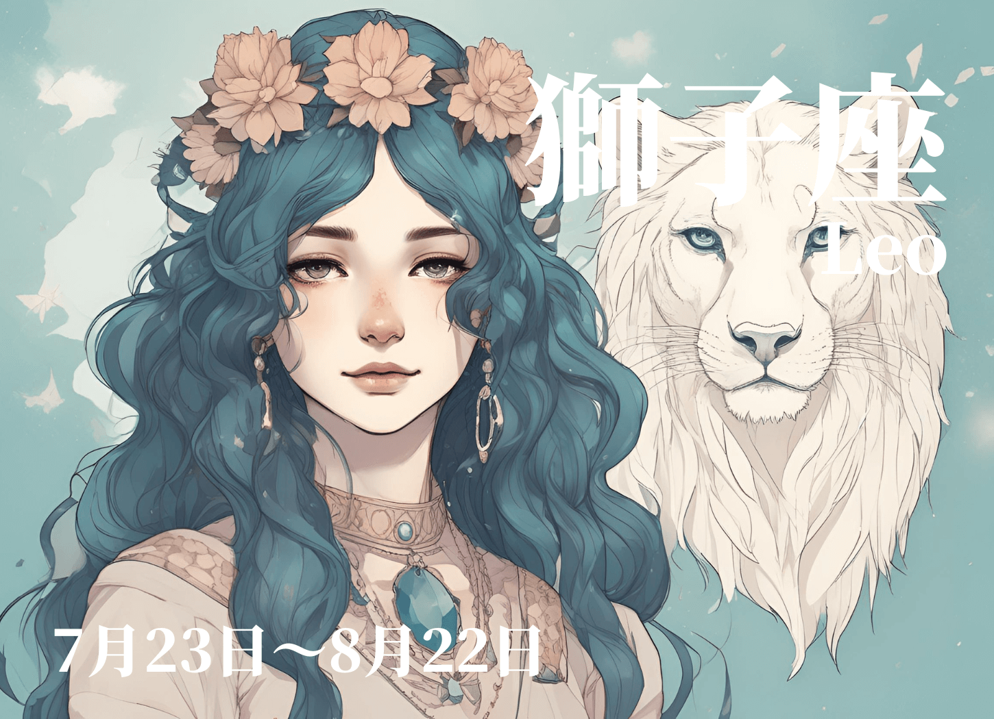 獅子座の擬人化イラスト。緩やかなウェーブの長い髪を下ろし、頭に花冠をつけた女性がこちらを見つめ、背後には彼女を守護する白いライオンが描かれている