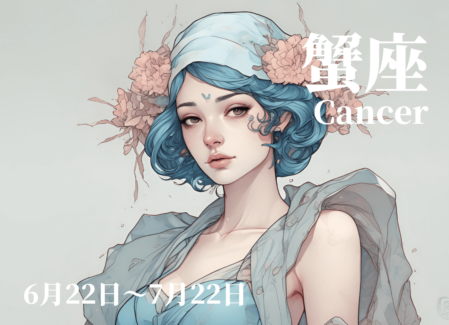 蟹座の擬人化イラスト。頭に水色のターバンのようなものを巻き、ピンクの花の飾りをつけた女性がこちらを見つめている