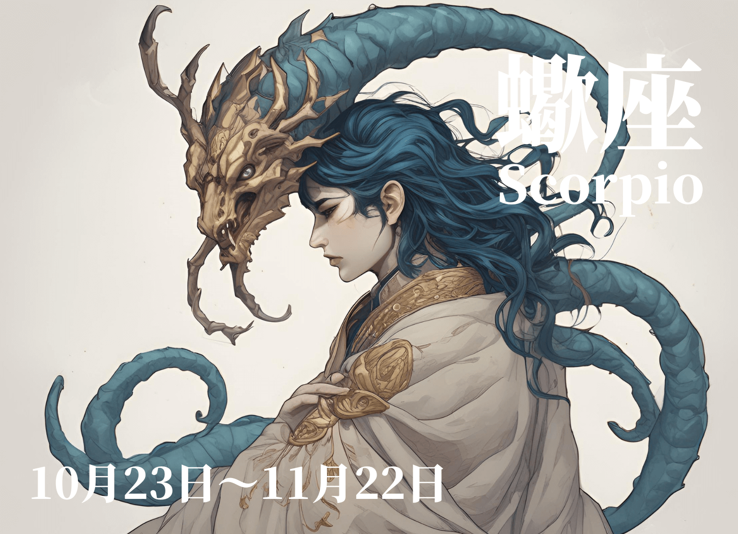 蠍座の擬人化イラスト。横を向いて目を閉じ、体をマントのようなもので包んだ旅人風の女性の背後には、黄金の頭を持つ蠍のモンスターが彼女を守っている