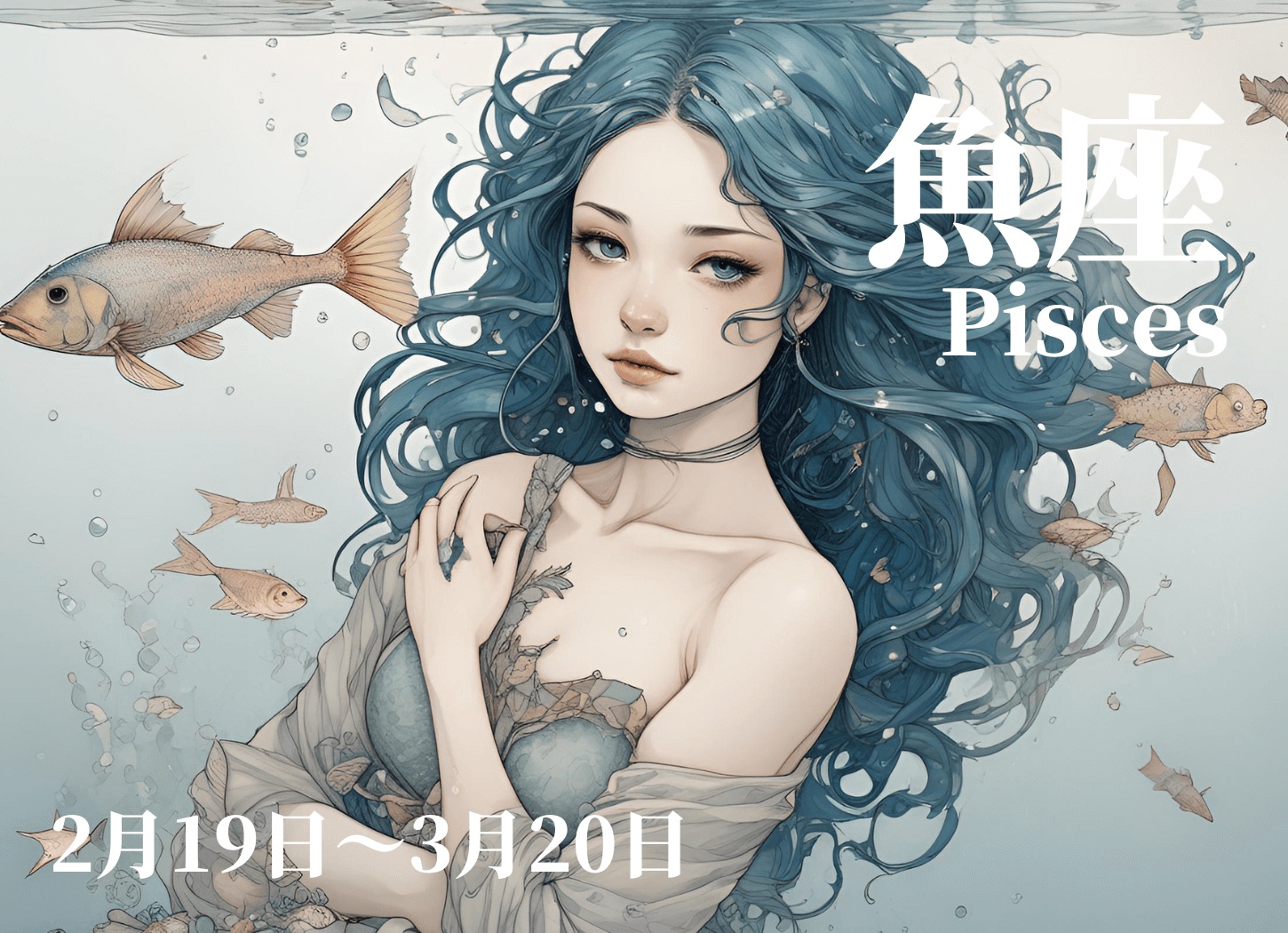 魚座の擬人化イラスト。水槽のような水中に立つ女性がこちらを見つめ、周囲には魚が泳いでいる