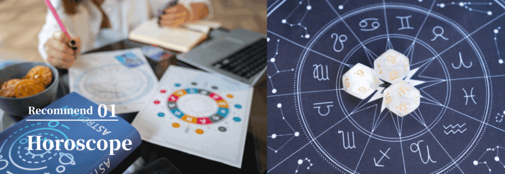 机の上でホロスコープを見ながら占いの結果を書き込む女性の手元、白い天然石が置かれている