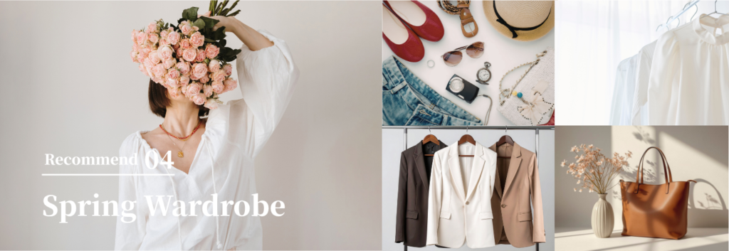 春の装いをイメージした服や小物のコラージュ画像