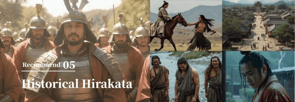 鎧と兜を纏った坂上田村麻呂が馬に乗り、刀で蝦夷と戦う様子。河原で悔しそうに泣く蝦夷の人々、平安京の大通り、雨に濡れて俯く桓武天皇も描かれている