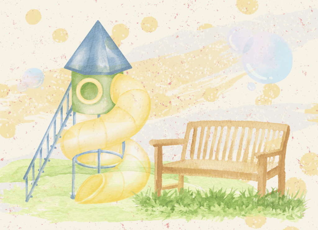 金箔入りの和紙に描かれた水彩イラスト。草原に置かれた滑り台とベンチ、舞い散るシャボン玉が描かれ、公園の情景を表している。