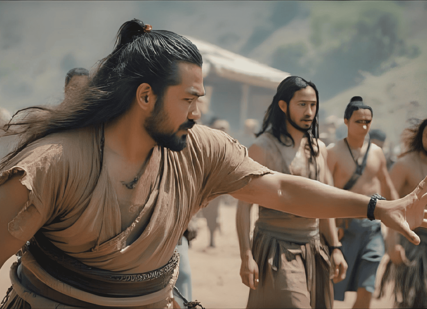 浅黒い肌で髭を蓄えた逞しい男性が手を前方に伸ばし周囲の人々に指示する姿。上半身裸の者もおり、前合わせの服は見窄らしく、朝廷側とは異なる荒々しい雰囲気の蝦夷の人々のイメージ。