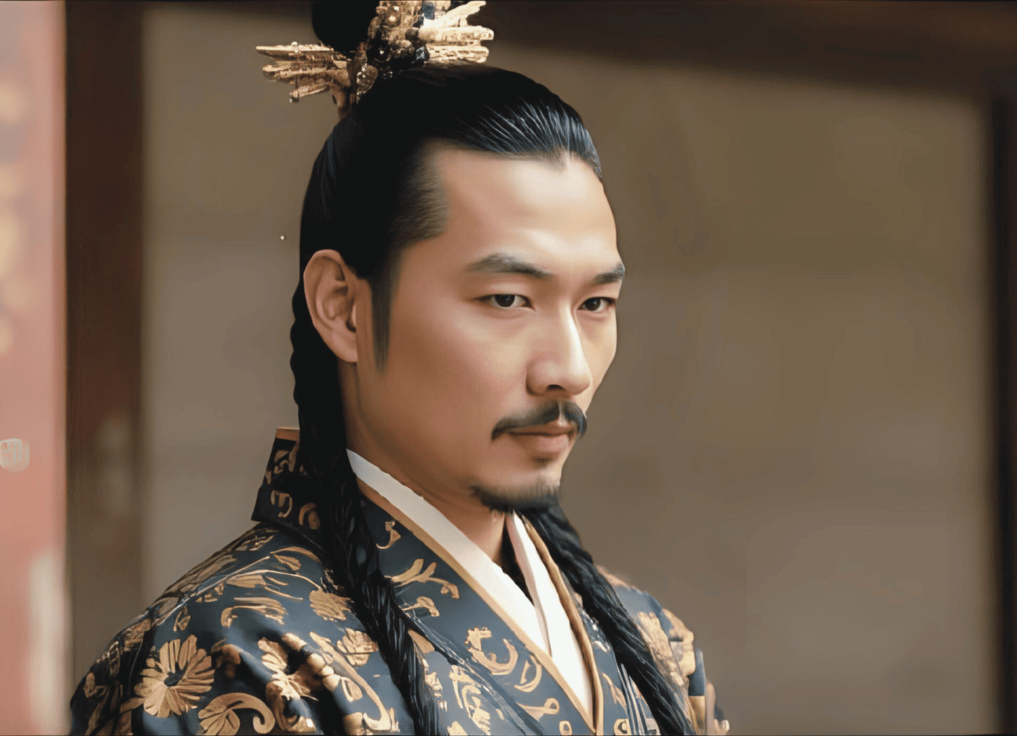 朝廷の敷地内と思われる場所で、金色の華やかな着物を纏い、金の髪飾りをした男性。髭を蓄えた桓武天皇のイメージ。