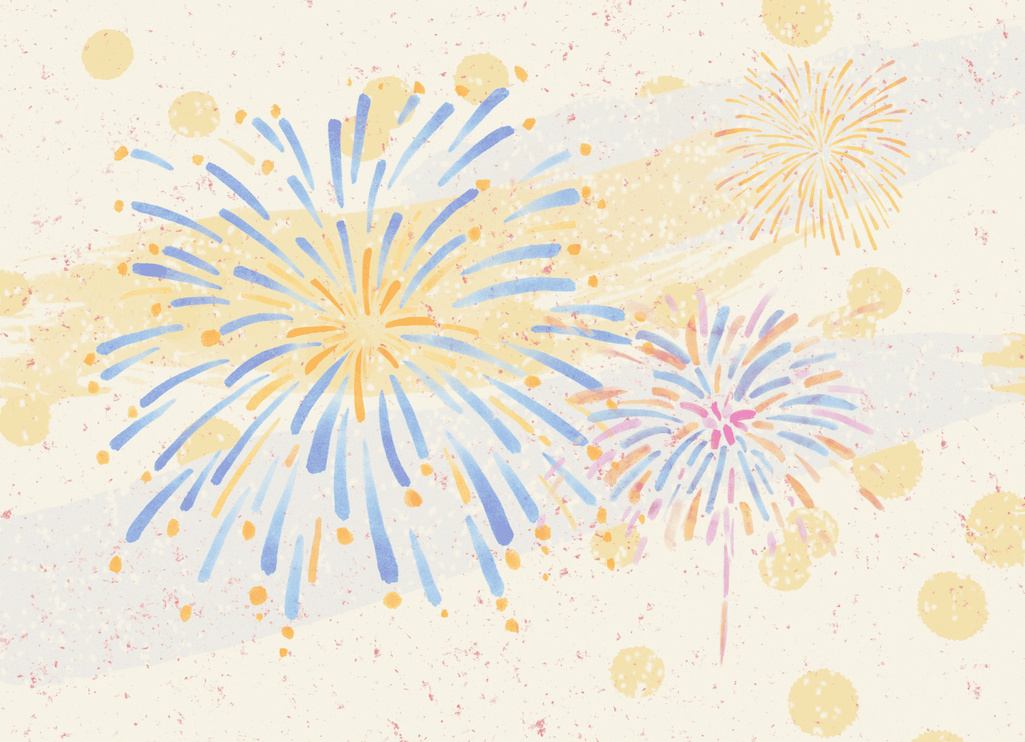 金箔入りの和紙に描かれた水彩イラスト。青や赤、オレンジなど色とりどりの花火が夜空に咲いている。