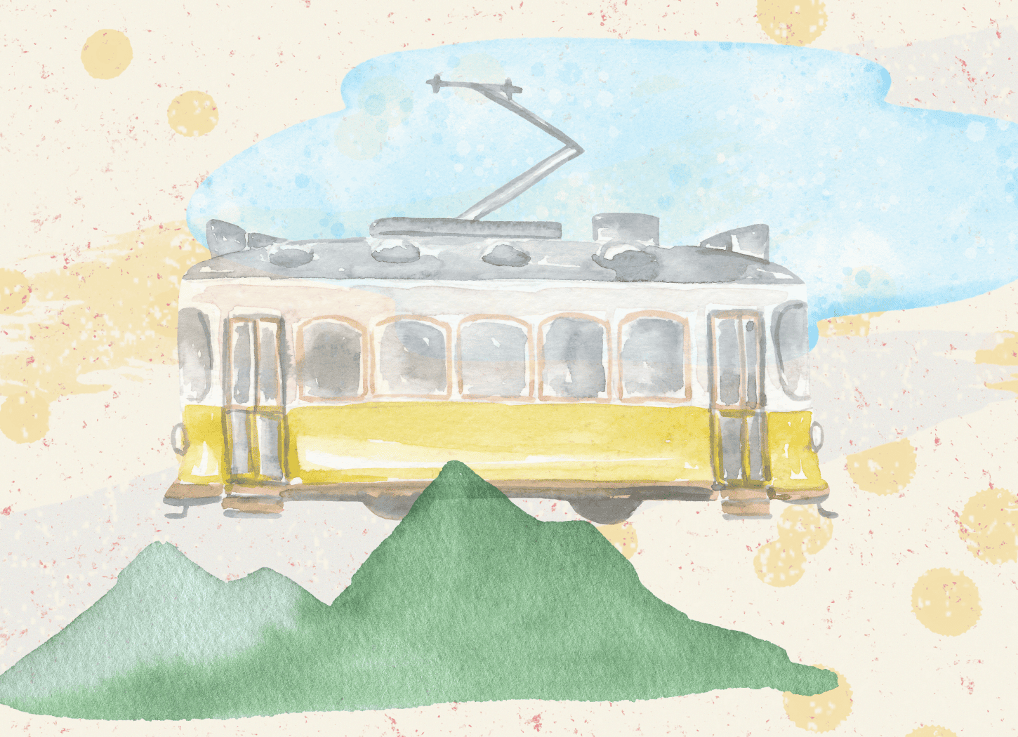 金箔入りの和紙に描かれた水彩画。手前に緑色の大きな山、奥に広がる大きな湖。その間を大きな黄色の電車が走っている。
