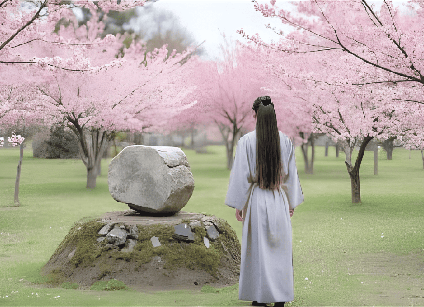 桜の木が立ち並ぶ名所の小さな塚に置かれた石碑を見つめる、白い着物に長髪の坂上田村麻呂(さかのうえのたむらまろ)の後ろ姿。アテルイとモレが処刑された後の様子をイメージ。