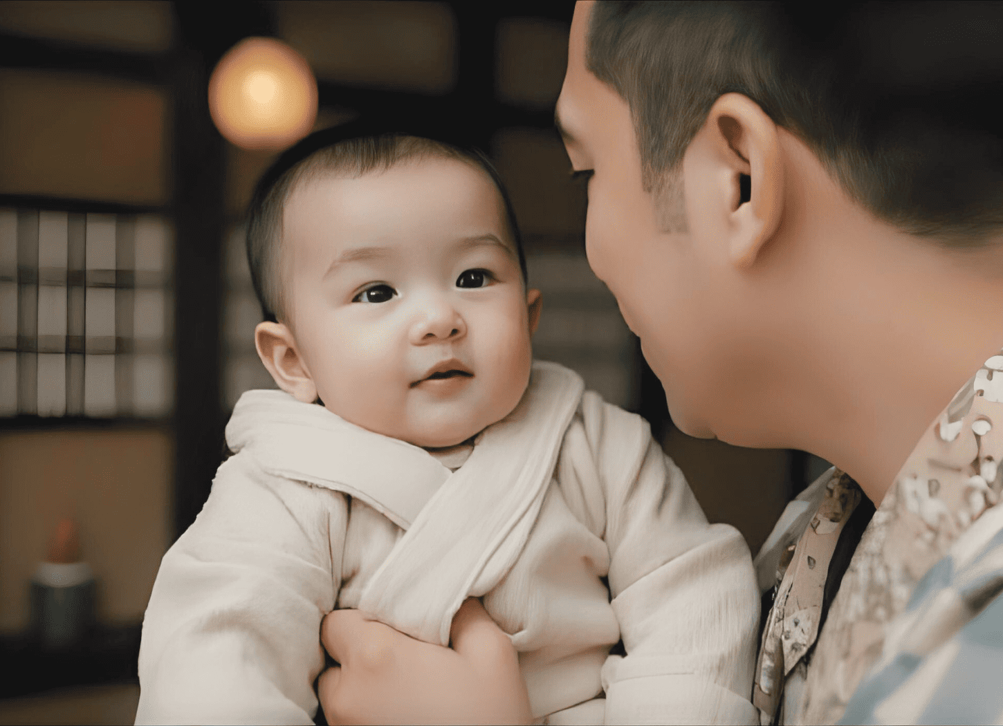 木造の部屋で、白い産着を着た赤ちゃんを抱く父親と見られる男性。坂上田村麻呂(さかのうえのたむらまろ)の誕生の様子をイメージしたシーン。