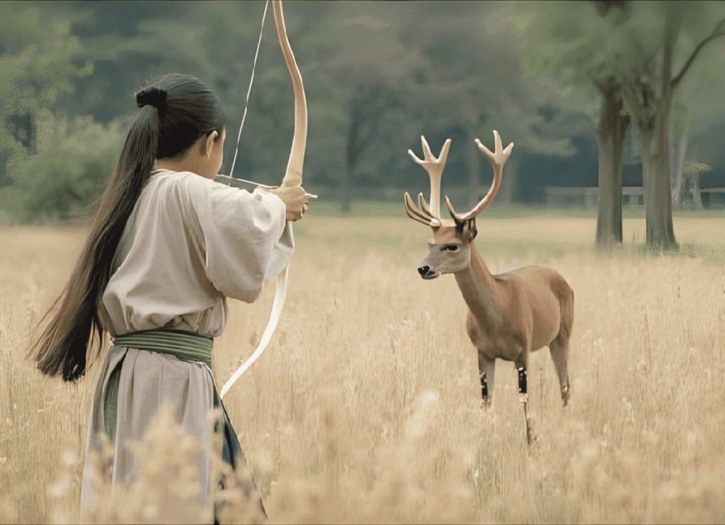 草が茂る平野で、鹿に向かって弓を構える少年の後ろ姿。坂上田村麻呂(さかのうえのたむらまろ)の幼少期のイメージ。