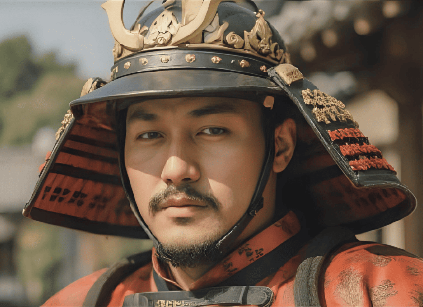 甲冑を着て木造家屋の前に立つ征夷大将軍・坂上田村麻呂(さかのうえのたむらまろ)の顔のアップ。髭をたくわえ、厳しくも優しい眼差しで遠くを見つめる。