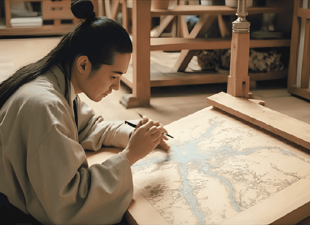 木の台に向かって座り、地図を書く青年の横顔。坂上田村麻呂(さかのうえのたむらまろ)の青年期のイメージ。