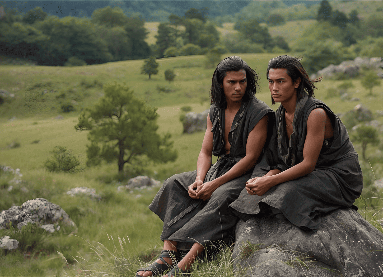 広い草原に木が点在する中、岩の上に座って話すアテルイとモレ。袖のない着物に長い髪、日に焼けた肌の二人の落ち着いた姿を描写。