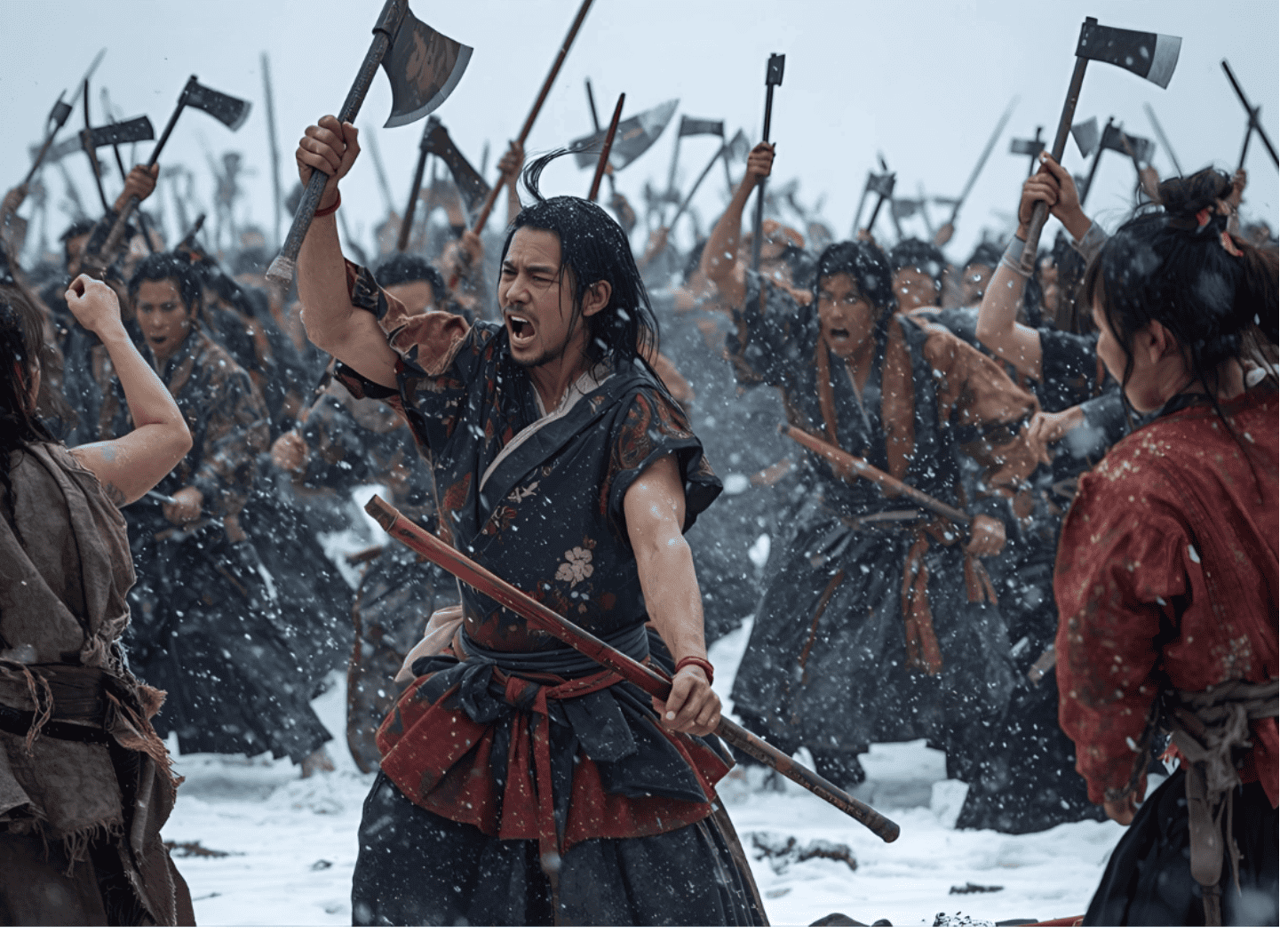 吹雪の雪原で斧を天に振り上げて喜ぶアテルイ。周囲の人々も勝利を喜ぶ様子。巣伏の戦いで朝廷軍に勝利した蝦夷たちの姿を描写。