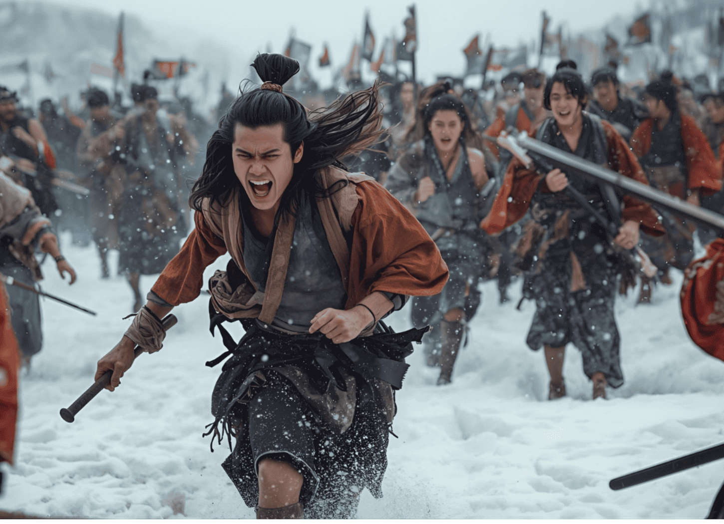 吹雪の雪原で斧を持ち、雄叫びを上げながら敵に突進する男。巣伏の戦いで戦う蝦夷の勇猛な戦士を描写。