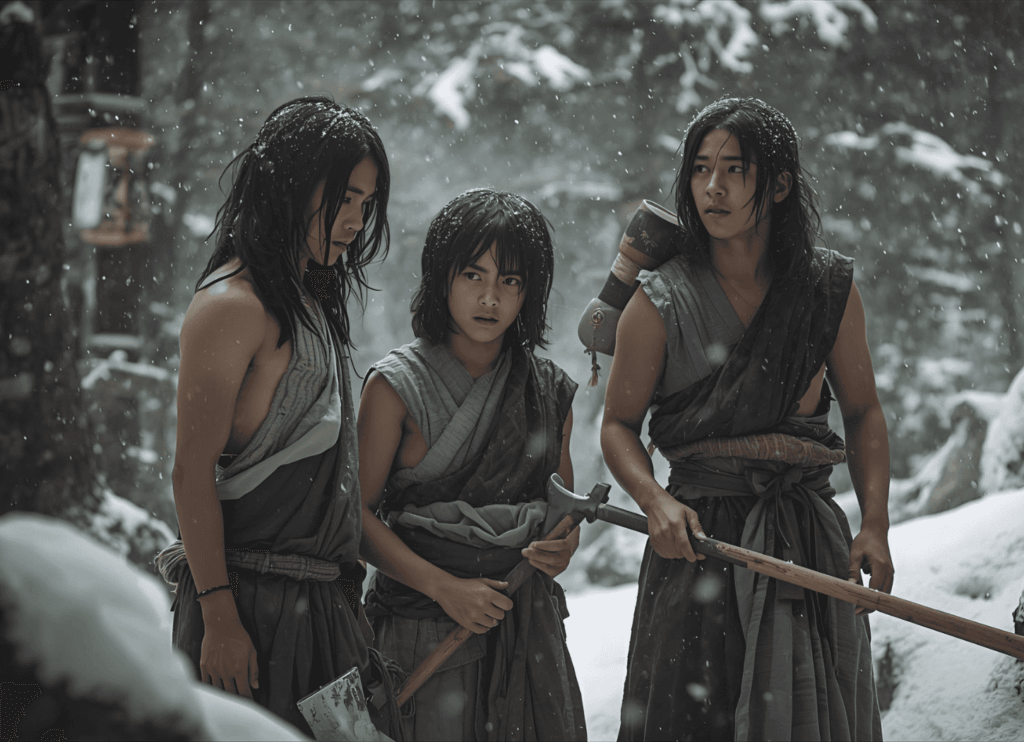 袖のない着物に長い髪、日に焼けた肌の三人の少年が雪降る森の中で斧を手に話し合う。蝦夷の若き戦士たちの姿を表現。