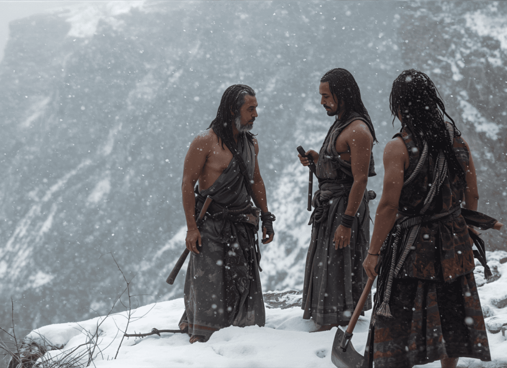 袖のない着物に長い髪、日に焼けた肌の三人の男が吹雪の崖で語り合う様子。蝦夷の戦士たちの姿を表現。