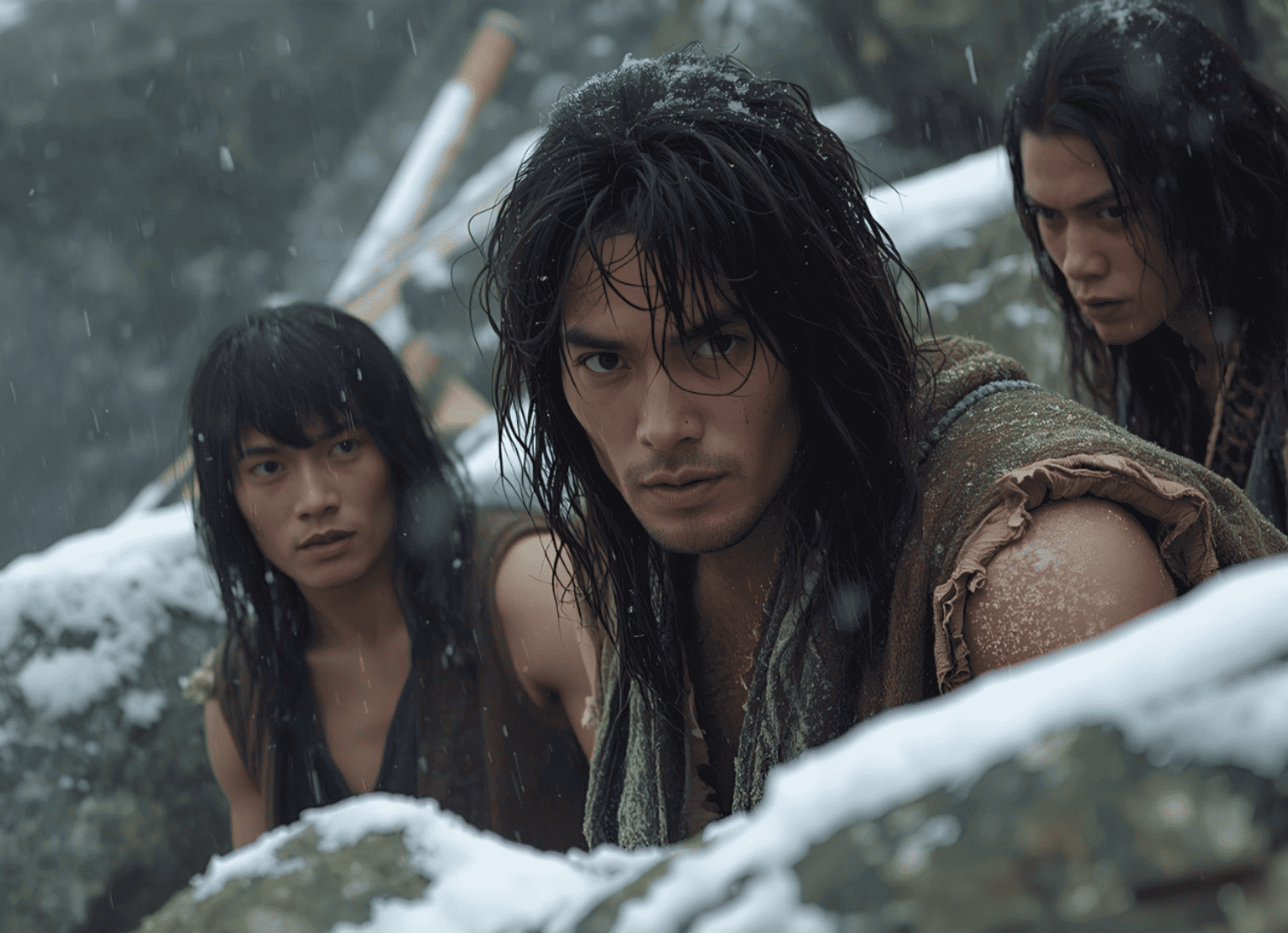 袖のない着物に長い髪、日に焼けた肌の三人の男が吹雪の岩場に身を潜め、遠くを睨む。蝦夷の日常と生き残りをかけた警戒の様子を描写。