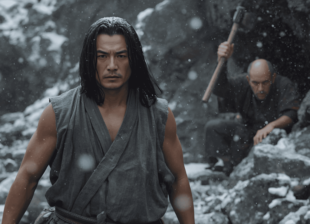 袖のない着物に長い髪、日に焼けた肌の男が吹雪の岩場に立つ。奥には棒を振り上げて叫ぶ年老いた男の姿。蝦夷の日常や暮らしを描いた情景。