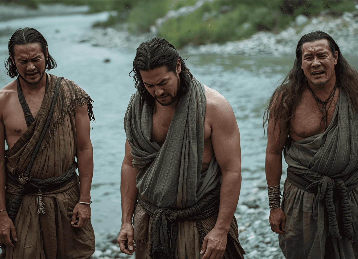 河原で泣く三人の男たち。袖のない着物に長い髪、日に焼けた肌。アテルイとモレが処刑された直後の蝦夷たちの悲しみを描写。