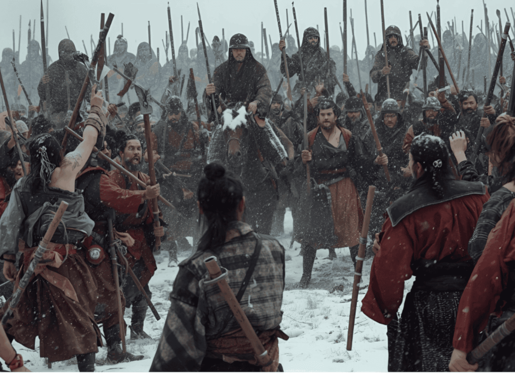 吹雪の雪原で、馬に乗った朝廷軍と対峙する蝦夷の人々。巣伏の戦いの緊迫した状況を描写。