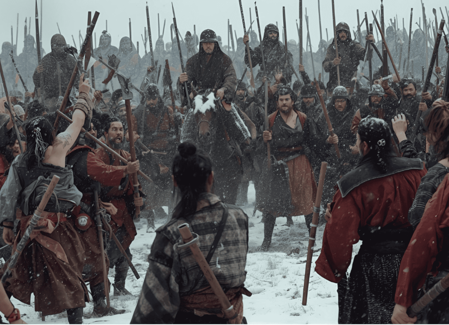 吹雪の雪原で、馬に乗った朝廷軍と対峙する蝦夷の人々。巣伏の戦いの緊迫した状況を描写。