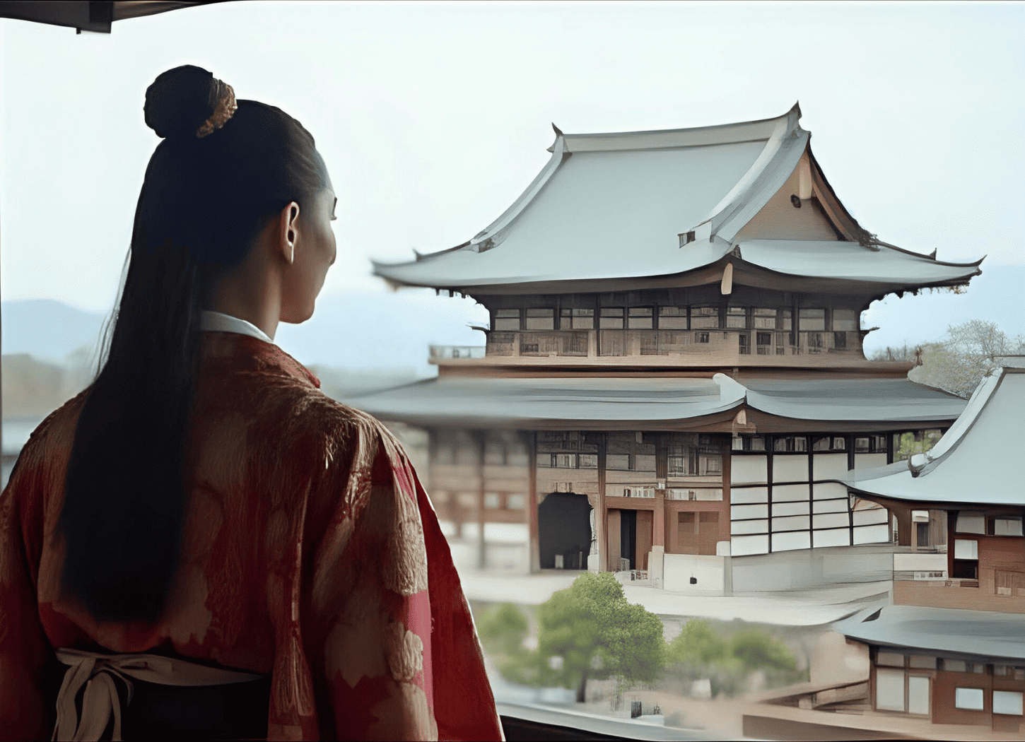 平安京を高い場所から眺める桓武天皇の後ろ姿。赤い着物に金色の刺繍を施し、長い髪を団子にまとめて金の髪飾りをつけている。