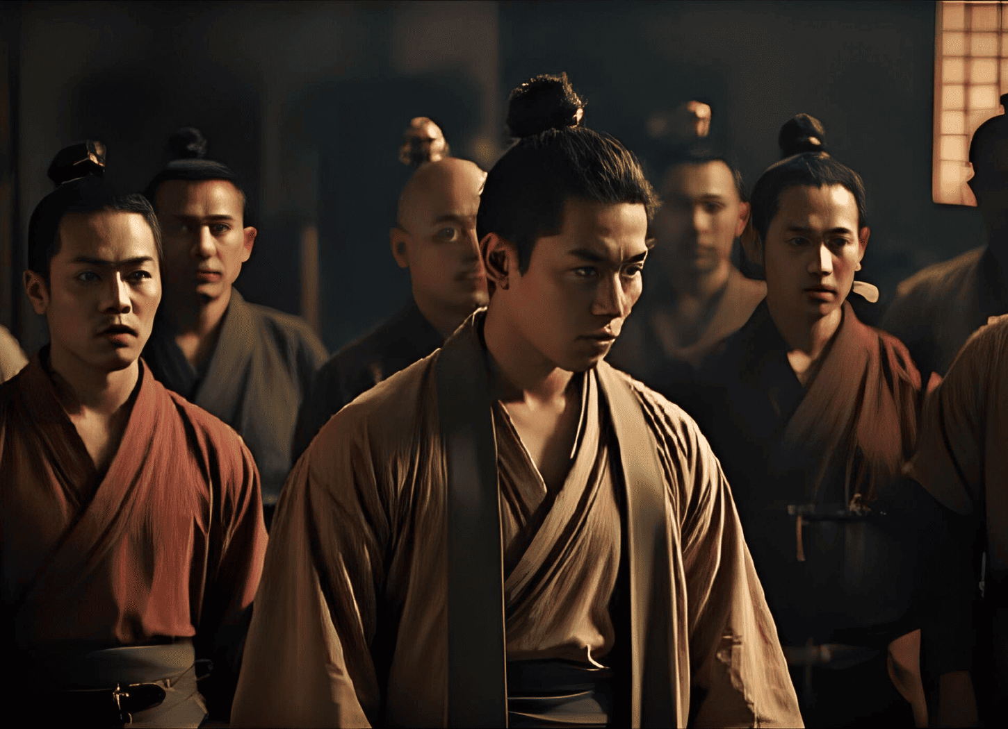 夕方、木造家屋に召集された人々。征夷の兵として朝廷に動員された民衆が着物を着て真剣に話を聞いている。場には緊張感が漂う。