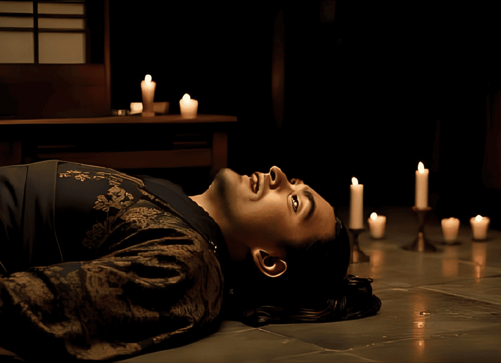 夜の薄暗い室内に蝋燭の灯りが灯る中、床に仰向けに倒れ、目を見開き口を開けた藤原種継。宮都造営の責任者として暗殺された場面をイメージ。