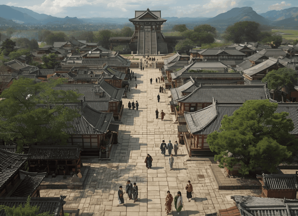 平安京の南北に走るメインストリート。左右には木造の館や木々が並び、奥の大きな階段を登った先には天皇が政務を行う場所がある。遠方には平原や山、川が広がる。