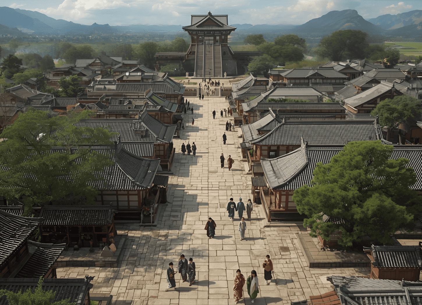 平安京の南北に走るメインストリート。左右には木造の館や木々が並び、奥の大きな階段を登った先には天皇が政務を行う場所がある。遠方には平原や山、川が広がる。