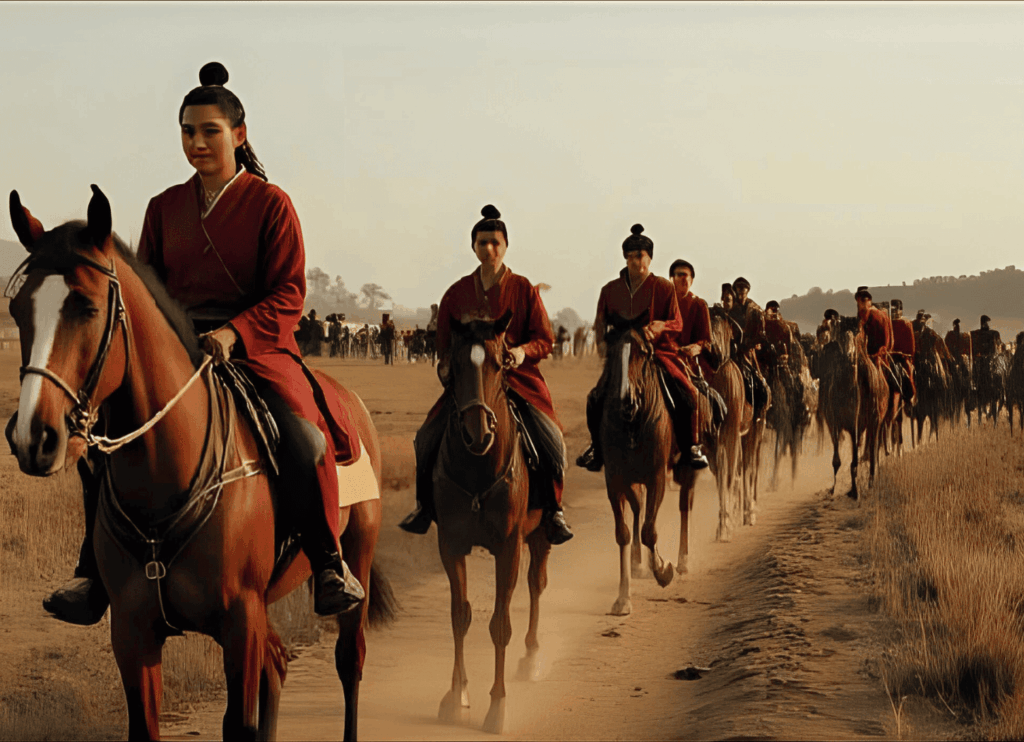 茶色の馬に跨った着物姿の男たちが一列になり、草原の間にわずかにできた砂地の道を進軍している。遠くに山が見え、夕日が差している。