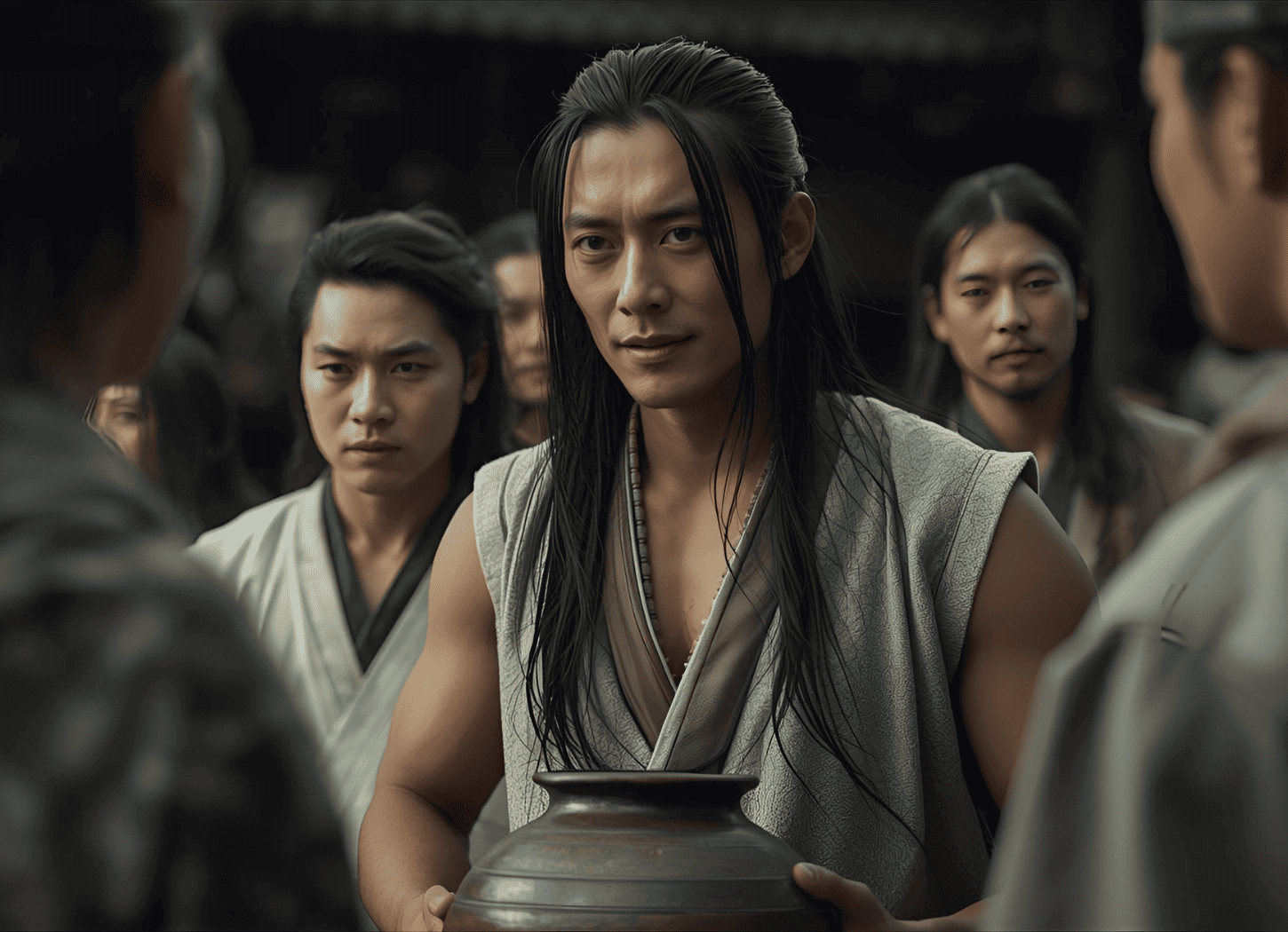 袖のない着物に長い髪、日に焼けた肌の男が大きな陶器の壺を持ち、周囲の人々に何かを話す。モレのリーダー的な一面を表現。