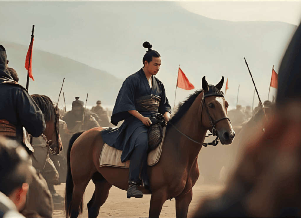 茶色の馬に跨った紺色の着物の男に焦点が当たり、周囲には同じく茶色の馬に乗った男たちが赤い旗を持って列を成し進軍している。砂地、夕日、遠くに山が見える。