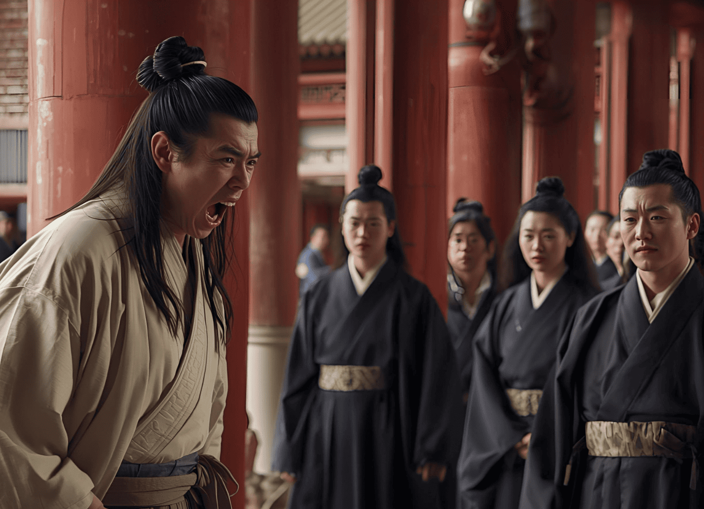 赤い柱が立ち並ぶ内裏で、薄クリーム色の着物を着た坂上田村麻呂が怒りの表情で必死に叫んでいる。背後には紺色の着物を着た役人たちが静かに見守る。阿弖流為と母礼の助命を嘆願する場面。