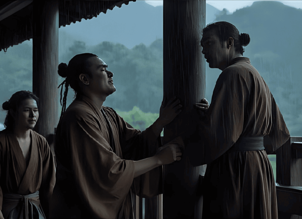 鳴り止まぬ雷と降り続ける雨の中、柱の下で怨霊の呪いだと騒ぐ着物姿の人々。