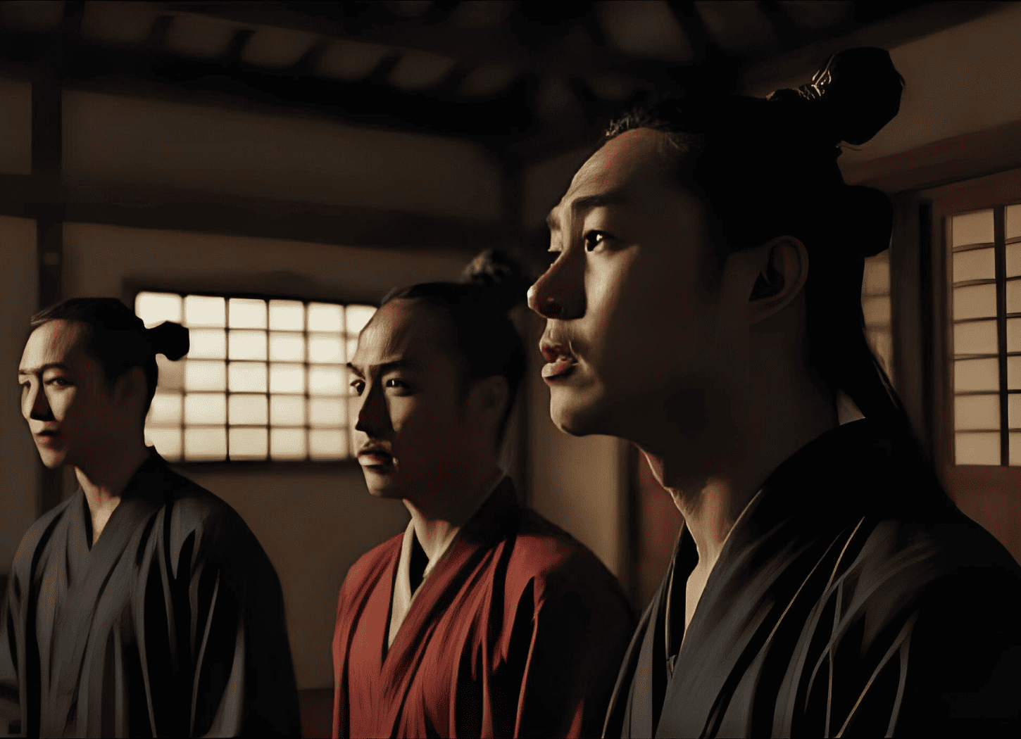 木造家屋に集められた着物姿の3人の男が、驚いたような表情で話を聞いている。兵として朝廷に徴収された民衆の様子。