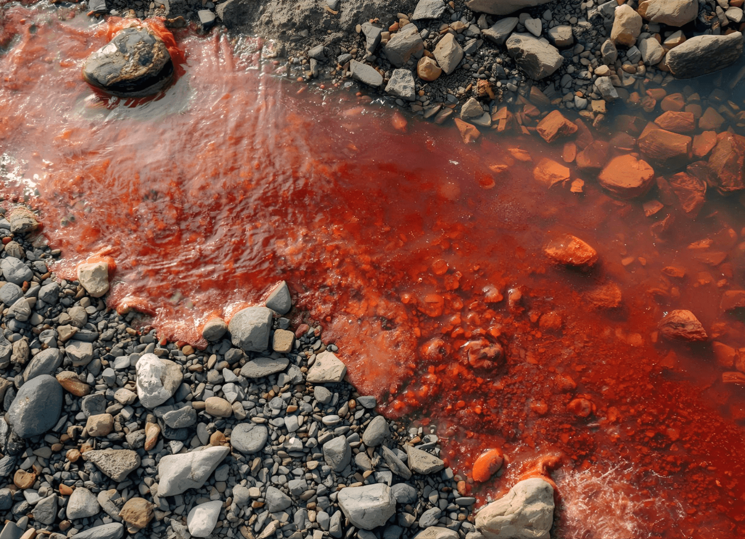 河原の砂利に赤い液体が流れ、水溜まりのようになっている。アテルイとモレの処刑をイメージ。